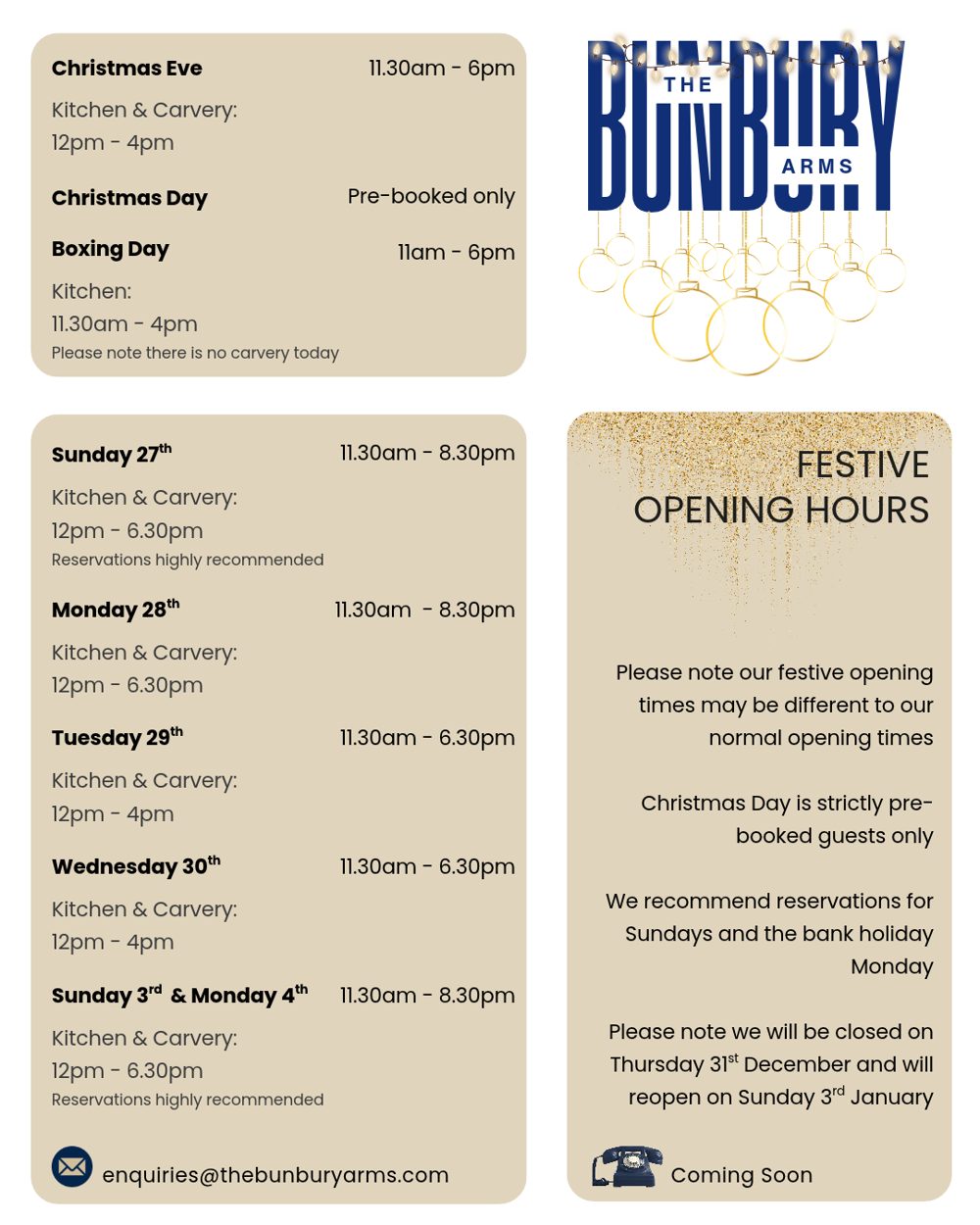 Festive opening hours